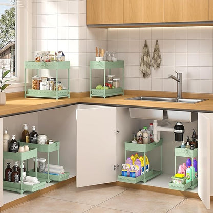 Sevenblue Under Sink Organizer, Bathroom Organizers and Storage, 2 Tier Multi-Use Pull Out Cabinet Organizer with Hang Hooks and Cups (Green, 4 Pack) - Image 4