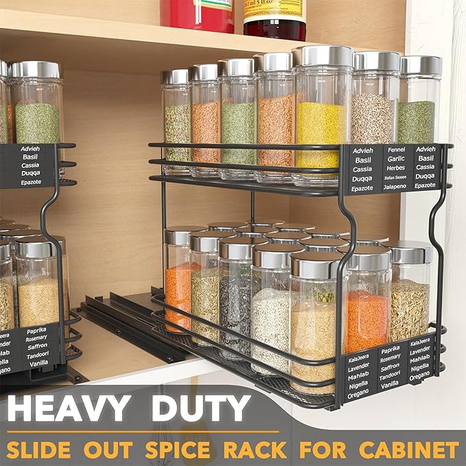 SpaceAid Pull Out Spice Rack Organizer for Cabinet, Heavy Duty Slide Out Seasoning Kitchen Organizer, Cabinet Organizer, with Labels and Chalk Marker, 6.5" W x10.75 D x8.5 H, 1 Drawer 2-Tier - Image 2