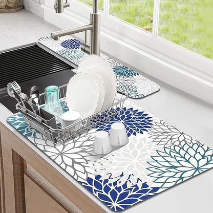 Findosom 2PCS 12" x 20" Dish Drying Mat & 24" x 5.5" Sink Splash Guard, Super Absorbent & Cuttable Dish Mat Drying Kitchen Mat with Blue Floral, Hide Stain Drying Mat for Kitchen Counter by Findosom