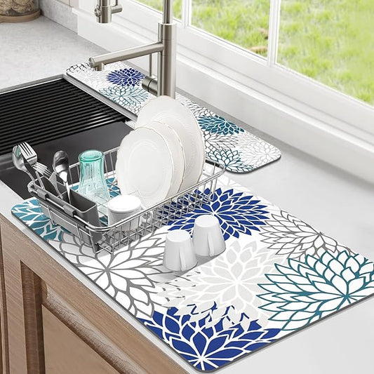 Findosom 2PCS 16" x 24" Dish Drying Mat & 24" x 5.5" Sink Splash Guard, Super Absorbent & Cuttable Dish Mat Drying Kitchen Mat with Blue Floral, Hide Stain Drying Mat for Kitchen Counter by Findosom