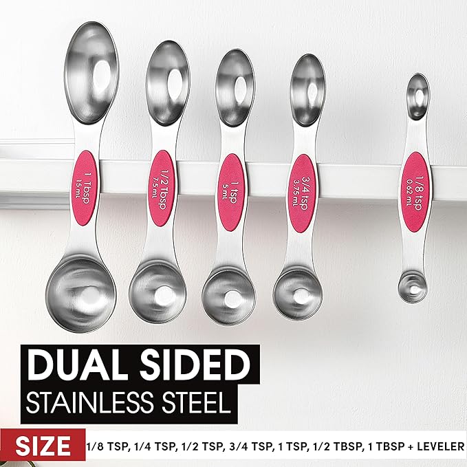 Spring Chef Pink Stainless Steel Magnetic Measuring Spoons Set of 8 with Leveler, Dual Sided Teaspoon & Tablespoon Measuring Set for Dry and Liquid Ingredients, Kitchen Gadgets for Baking & Cooking - Image 3