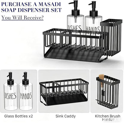 MASADI Kitchen Sink Caddy with Dish Soap Dispenser Set, 12OZ Glass Bottle, Hand and Dish Soap Dispenser Set, Non-Slip Silicone Pad, Brush Holder, Kitchen Sink Organizer Countertop (Black+Clear) - Image 2