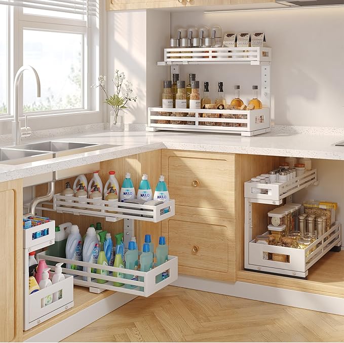 2-Pack 19"Deep Under Sink Organizer And Storage, 2-Tier L-Shaped Pull Out Cabinet Organizer with Upgraded Slide Rails, Height Adjustable Drawers for Kitchen&Bathroom, Extra-Large Storage Shelves–Gray - Image 6