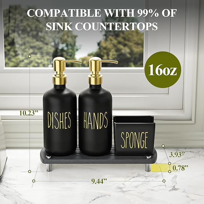 Cisily Kitchen Soap Dispenser Set Comes with Ceramics Sponge Holder, Gold Pumps, and Instant Dry Tray, Hand and Dish Soap Dispenser Set (4, Gold + Black + Sponge Holder) - Image 6