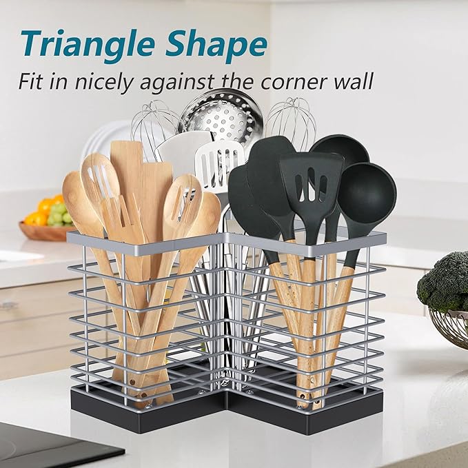 Suli Extra Large Kitchen Utensil Holder with 3 Compartments，Silvery Metal Corner Kitchen Caddy for Countertop，Farmhouse Rustic Cooking Storage-Silvery - Image 7