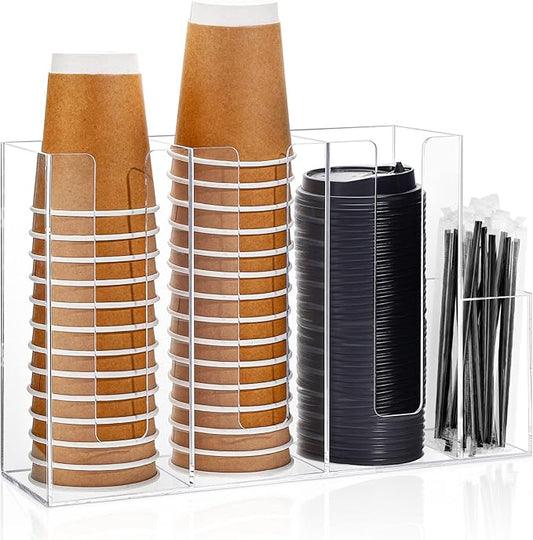 Cunhill 4 Compartments Acrylic Coffee Cup and Lid Storage Organizer Holder Disposable Paper Cup Dispenser Organizer Plastic Lid Holder Accessories for Kitchen Bar Shop Party Supplies(Transparent) by Cunhill