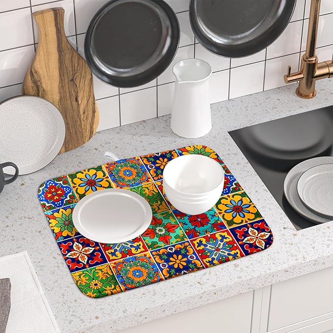 Mexican Tiles Dish Drying Mat for Kitchen Counter Absorbent Microfiber Dish Drying Pad Kitchen Gadgets Multi-use - Image 6
