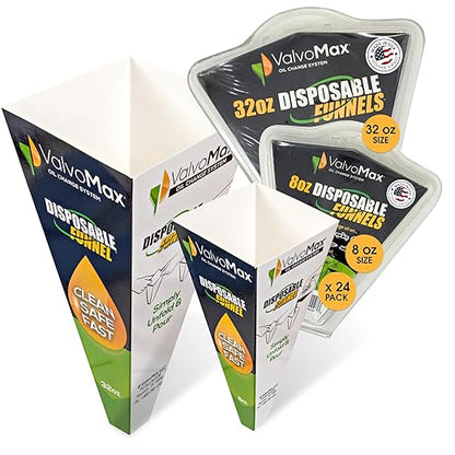 ValvoMax Disposable Funnels, 24-Pack (Combo) – Glossy Cardstock Paper Funnels for Oil Changes, Automotive Fluids, Coolant, and Household Liquids