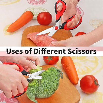 Kitchen Scissors, Sharp Stainless Steel Blades, Soft Grips, Multi-Purpose Heavy Duty Scissors Set, Red/Black, 3 Piece Set