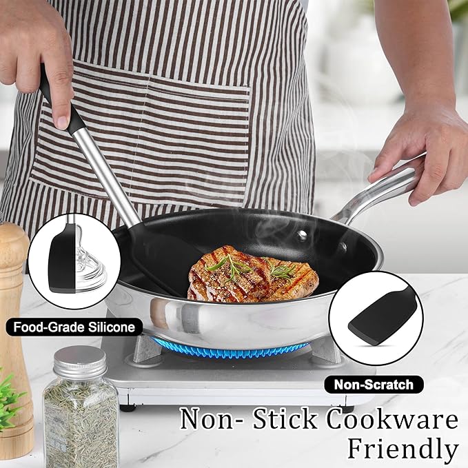TeamFar Cooking Utensils Set, 5 PCS Silicone Kitchen Utensils with Stainless Steel Handle, for Nonstick Cookware Flipping Frying Turning Draining, Heatproof & Healthy, Nonstick & Easy Clean, Black - Image 5