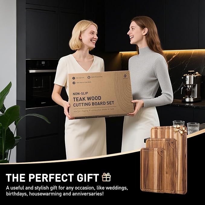 Teak Wood Cutting Board Set for Kitchen High-End Non Toxic Non Slip Over Sink Solid Thick Wood Haus Chopping Board Extra Large Big Small Best Kitchen Essential House Warming Hostess Host Gift - Image 8