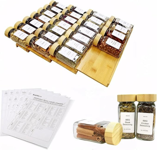 Spice Drawer Organizer with 28 Bamboo-lidded Spice Jars and 216 Labels,Non-slip Rubber, Bamboo 4 Tier Spice Racks Tray Seasoning Containers for Kitchen Drawers,Cabinets,13" Wide * 15.8" Deep