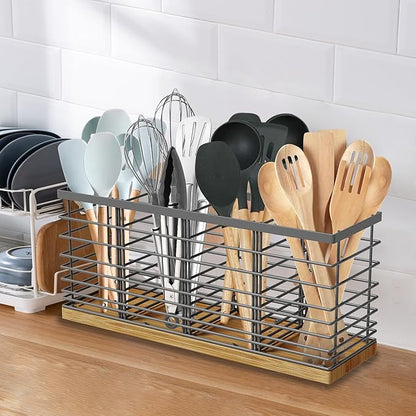 Suli Extra Large Kitchen Utensil Holder Countertop with 4 Compartments,Grey Metal holder with Wooden Base for Countertop,Farmhouse Utensil Organizer for counter,Rustic Cooking Utensil Organizer - Image 6