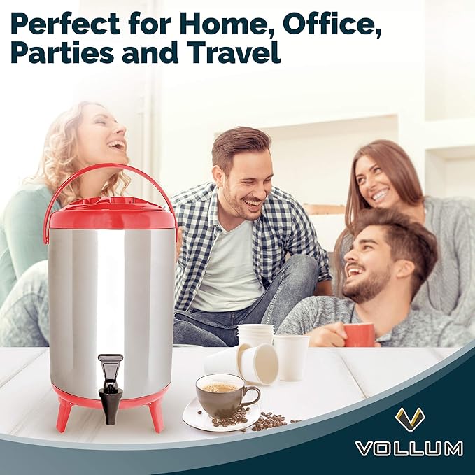 Vollum Stainless Steel Insulated Beverage Dispenser – Insulated Thermal Hot and Cold Coffee Carafe – 12 Liter Drink Dispenser with Spigot for Hot Water, Tea & Coffee, Cold Milk, Juice & More RED