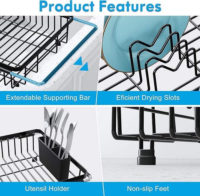 Expandable Stainless Steel Dish Drying Rack Over The Sink For Small Kitchen, Counter Space Saving Compact Black Metal Plate Drain Strainer, Adjustable Hanging In Sink Rust Proof Wire Dryer Holder - Image 5