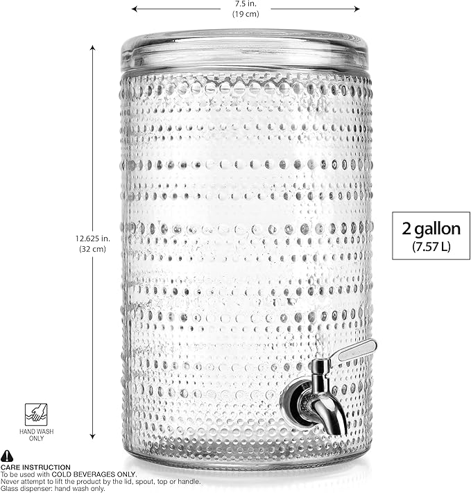 Glavers 2 Gallon Beverage Dispenser Clear Glass Hobnail Beaded Jug, Tight Lid, Side Press Stainless Steel Spigot. Cocktails, Juices, Water, Lemonade, Iced Tea. Parties, Celebrations, Everyday Fridge. - Image 2