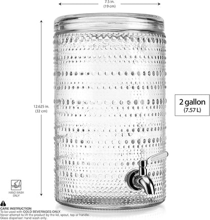Glavers 2 Gallon Beverage Dispenser Clear Glass Hobnail Beaded Jug, Tight Lid, Side Press Stainless Steel Spigot. Cocktails, Juices, Water, Lemonade, Iced Tea. Parties, Celebrations, Everyday Fridge. - Image 2