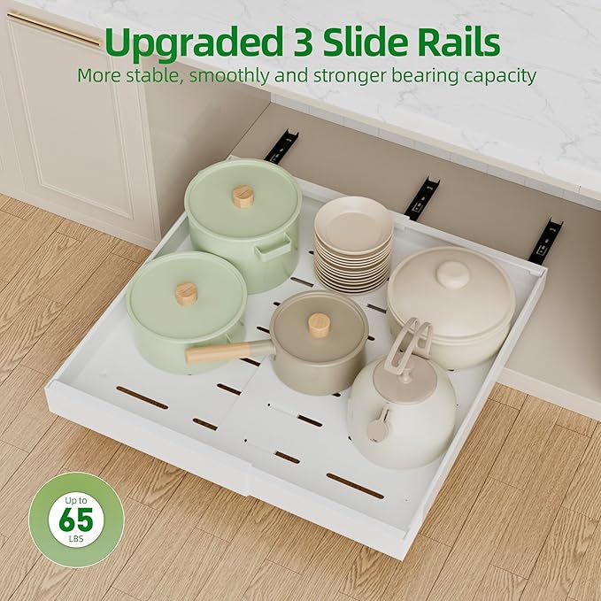 PAKETA 4 Pack Expandable Pull Out Cabinet Organizer, 21'' Deep Pull Out Drawers for Cabinets,Upgrade 3 Slide Rails Sliding Drawer for Kitchen Cabinet Organizer with Adhesive Nano Film (White) - Image 7