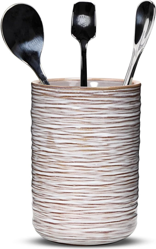 Ceramic Spoon Holder for Coffee Bar, Upright Tea Spoon Holder Cup, Coffee Stirrers Straws Stir Stick Holder, Glossy Silk Stripe by U-TIMES
