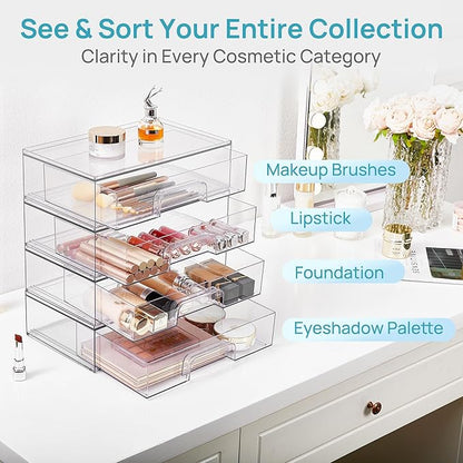 Vtopmart 12.1''W Clear Stackable Storage Drawers,4 Pack Acrylic Plastic Organizers Bins for Makeup Palettes, Cosmetics, and Beauty Supplies,Ideal for Vanity, Bathroom,Cabinet,Desk Organization - Image 4