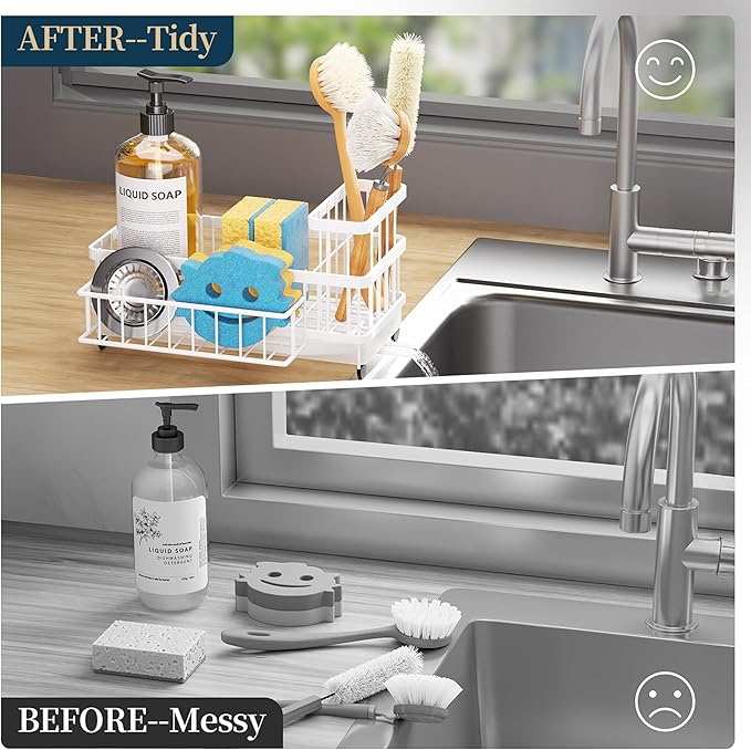 Consumest Sponge Holder for Kitchen Sink - Auto Draining Sink Caddy Organizer with Detachable Rack, High Brush Holder, Kitchen Countertop Storage Accessories, White - Image 7