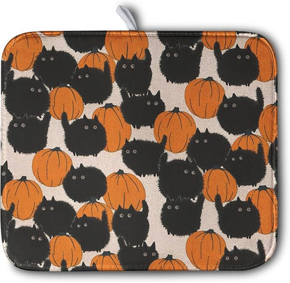 Happy Halloween Dish Drying Mat for Kitchen Counter 16x18 Inch Cute Pumpkin Black Cat Trick or Treat Drying Mats Large Microfiber Absorbent Dish Rack Pad for Coffee Bar Sinks Home Accessories by Kwlegh