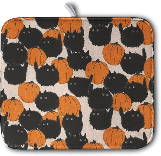 Happy Halloween Dish Drying Mat for Kitchen Counter 16x18 Inch Cute Pumpkin Black Cat Trick or Treat Drying Mats Large Microfiber Absorbent Dish Rack Pad for Coffee Bar Sinks Home Accessories by Kwlegh
