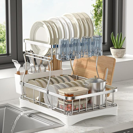 2 Tier Dish Drying Rack,Stainless Steel Dish Rack For Storing Knife Fork Pots&Pans,Dish Drying Rack With Drain Tray For Kitchen Countertops/Sinks,Silver Tiered Dish Rack With Retractable Drain Outlet
