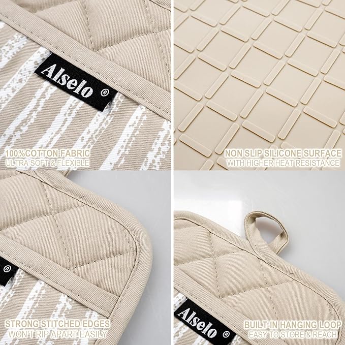 Alselo Silicone Pot Holders Set of 3 Heat Resistant & Non Slip Potholders, Professional Oven Hot Pads with Pockets Mitts for Kitchen Cooking Baking Barbecue (Khaki, 3) - Image 3
