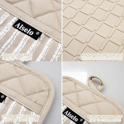 Alselo Silicone Pot Holders Set of 3 Heat Resistant & Non Slip Potholders, Professional Oven Hot Pads with Pockets Mitts for Kitchen Cooking Baking Barbecue (Khaki, 3) - Image 3
