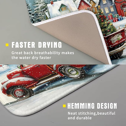 Christmas Dish Drying Mat for Kitchen Counter 18x16 Inch Xmas Red Truck Drying Mat with Absorbent Reversible Microfiber House Snowman Winter Dish Drainer Mats Rack Pad for Coffee Countertop Protector