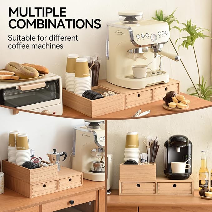 KIRIGEN Wooden Coffee Station Organizer 2-Piece Set - Coffee Bar Storage with Drawers for Sugar, Tea - Coffee Pod Holder and Accessories Organizer for Kitchen Counter Nature KFJTZ-NA - Image 6