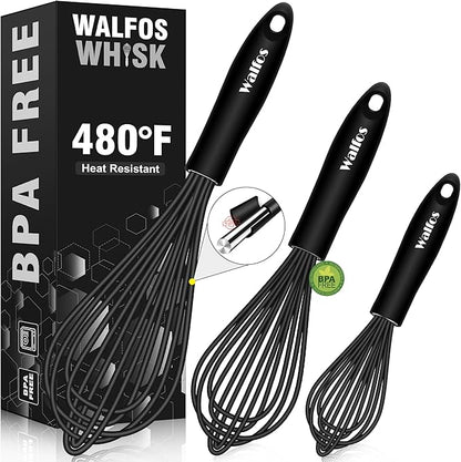 Walfos Silicone Whisk,Stainless Steel Wire Whisk Set of 3 -Heat Resistant 480°F Kitchen Whisks for Non-stick Cookware,Balloon Egg Beater Perfect for Blending,Whisking,Beating,Frothing & Stirring,Black by Walfos