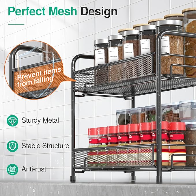 Spice Rack Organizer for Countertop,Xpatee 2-Tier Foldable Metal Rust-Proof Standing Large Seasoning Storage Shelf with Guardrail and Mesh Design for Kitchen Cabinet Bathroom Living Room Pantry, Black - Image 5