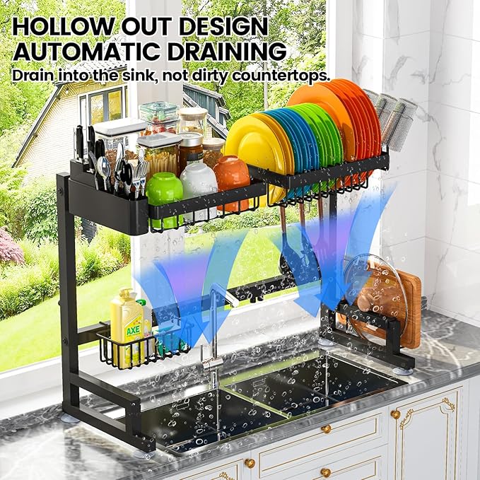 ADBIU 【Fit Sink 24.5"- 32" L 2023 Version Over Sink Dish Drying Rack (Expandable Dimension) Snap-On Design 2 Tier Large Kitchen Dish Rack Stainless Steel Counter Organization and Storage - Image 3