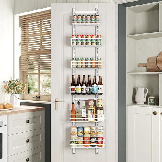 Adjustable 6-Tier Over the Door Pantry Organizer, Spice Rack, Narrow Hanging Shelf for Kitchen Storage and Organization (White)