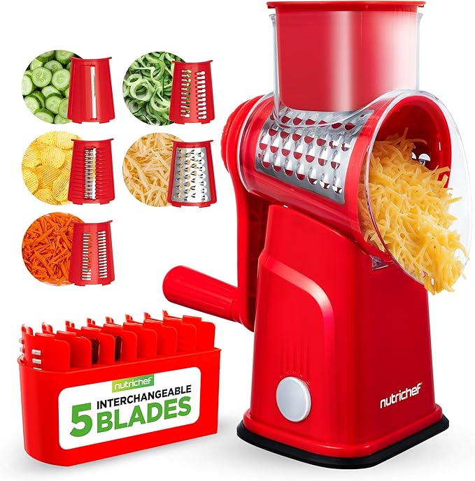 NutriChef 5 in 1 Cheese Grater & Shredder | 5 Different Blades for Thin, Thick, Julienne Strips, Wavy, & Straight Strips | Includes Hand Crank, Strong Suction Base & Storage Container | Red by NutriChef%E2%84%A2Kitchen