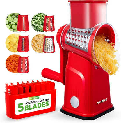 NutriChef 5 in 1 Cheese Grater & Shredder | 5 Different Blades for Thin, Thick, Julienne Strips, Wavy, & Straight Strips | Includes Hand Crank, Strong Suction Base & Storage Container | Red by NutriChef%E2%84%A2Kitchen