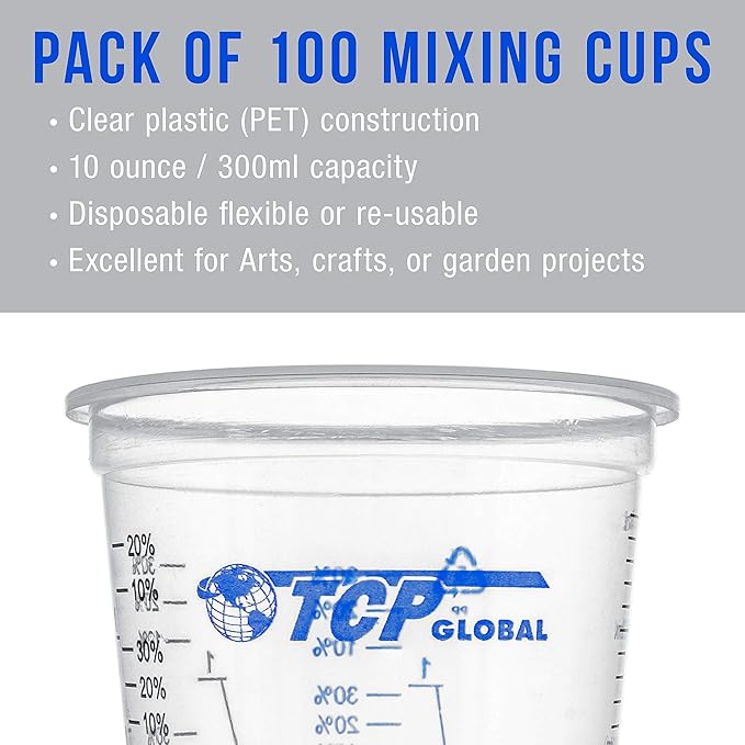 TCP Global 10 oz. (300ml) Graduated Plastic Mixing Cups - Box of 100 with 50 Mixing Sticks - Disposable Plastic Measuring Cups for Liquids, Paints, Resin, Epoxy, Art, Kitchen - Ratios 2-1, 3-1, 4-1 ML - Image 4