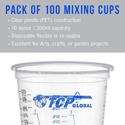 TCP Global 10 oz. (300ml) Graduated Plastic Mixing Cups - Box of 100 with 50 Mixing Sticks - Disposable Plastic Measuring Cups for Liquids, Paints, Resin, Epoxy, Art, Kitchen - Ratios 2-1, 3-1, 4-1 ML - Image 4