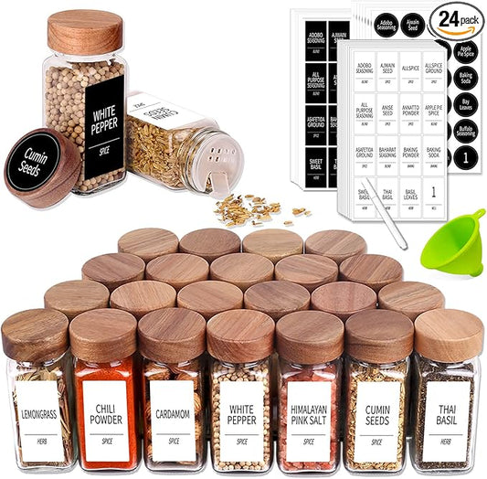 Churboro 24 Spice Jars with 547 Labels - Glass Spice Jars with Shaker Lids - 4 Oz Square Spice Containers with Acacia Wood Lids, Chalk Pen, Funnel- Seasoning Jars for Spice Rack, Cabinet, or Drawer by Churboro