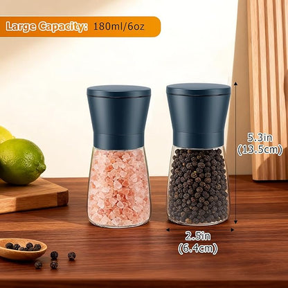 R DRURLCD Stone Blue Salt and Pepper Grinder Set of 2 - Manual Glass & Stainless Steel Mills, Adjustable Coarseness Spice Grinders with Ceramic Blades for Kitchen Decor & Outdoor Use