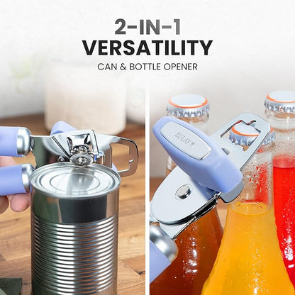 Zulay Kitchen Heavy Duty Stainless Steel Can Opener Manual with Bottle Opener - Rust Proof Manual Can Opener With Turn Knob & Comfy Soft Grip Handles - Periwinkle - Image 7