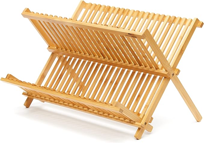 RoyalHouse Premium Natural Bamboo Dish Rack, Collapsible Dish Drainer, Foldable and Compact Dish Drying Rack for Kitchen Counter by RoyalHouse