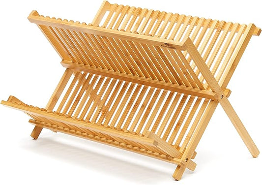 RoyalHouse Premium Natural Bamboo Dish Rack, Collapsible Dish Drainer, Foldable and Compact Dish Drying Rack for Kitchen Counter by RoyalHouse