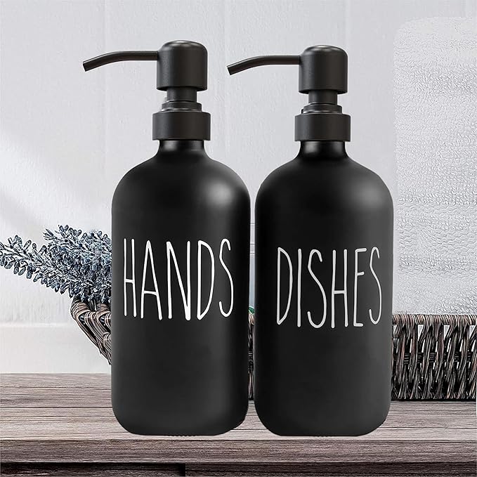 Sunrise Premium 16 OZ Thick Black Glass Soap Dispenser, Matte Black Stainless Steel Pump 2 Pack, Hand and Dish Soap Dispenser Set for Bathroom with 6 Waterproof Labels - Image 6