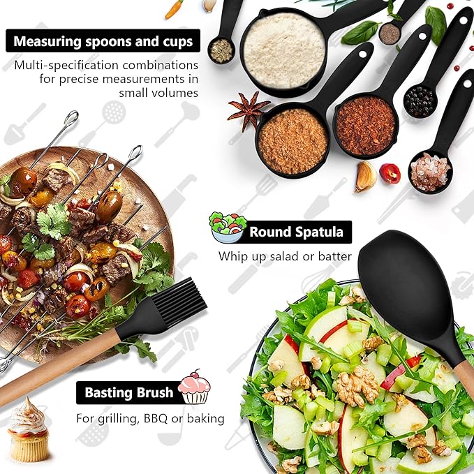 HaWare Kitchen Cooking Utensils Set, 23-Piece Silicone Kitchen Utensils Spatula Set with Holder, Heat Resistant Wooden Handle Kitchen Gadget for Nonstick Cookware, Food-grade Turner Spoon Sets (Black) - Image 6
