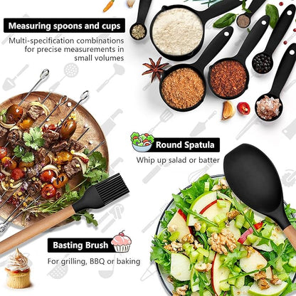 HaWare Kitchen Cooking Utensils Set, 23-Piece Silicone Kitchen Utensils Spatula Set with Holder, Heat Resistant Wooden Handle Kitchen Gadget for Nonstick Cookware, Food-grade Turner Spoon Sets (Black) - Image 6