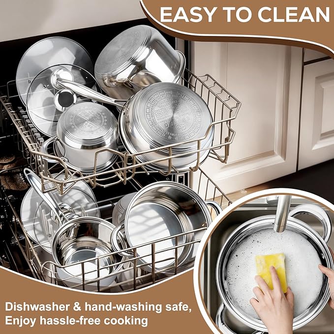 Stainless Steel Cookware Set - 15 Pieces Pots and Pans Nonstick Pot and Pan Set Includes 1 Frying Pans, 5 Pots, 6 Lids and 3 Utensils, with Stay Cooling Handle, Induction & Oven Safe - Image 5