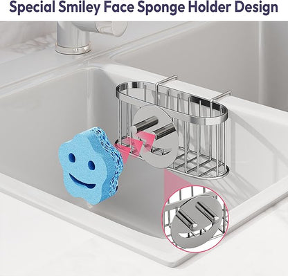 SWTYMIKI Sponge Holder for Kitchen Sink - Movable Sink Caddy with Smiley Face Sponge Holder, Rustproof Hanging Sponge Organizer in Double Bowl Sinks Depth>3.15in, Middle Divider<1.5in, Silver